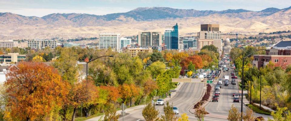 Boise Idaho street leading to the capital building in fall