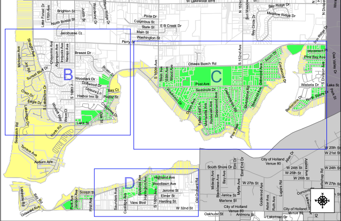 A portion of Park Township's previous working overlay district map for short-term rentals. The commission has now agreed to keep the yellow portion as one district, while expanding the green across the rest of the township to create a second district.