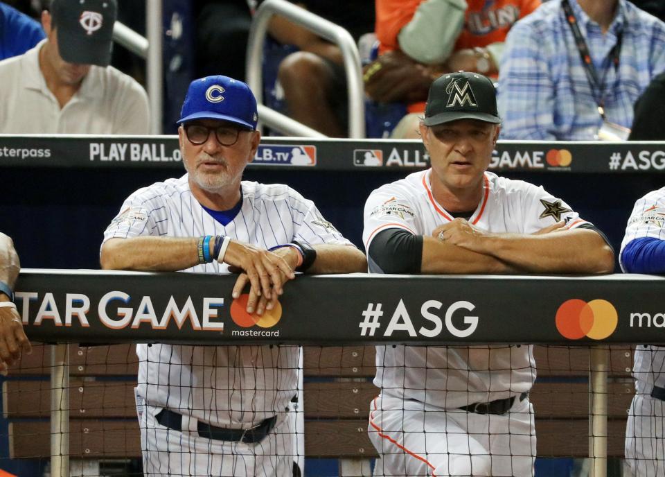 <p>Manager Joe Maddon #70 of the Chicago Cubs, left, and the National League and Coach Don Mattingly #8 of the Miami Marlins and the National League look on in the first inning during the 88th MLB All-Star Game against the American League All-Stars at Marlins Park on July 11, 2017 in Miami, Florida. (Photo by Mike Ehrmann/Getty Images) </p>