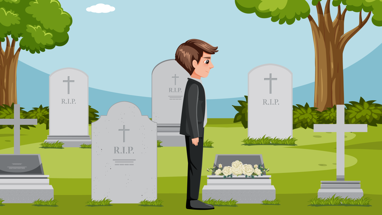  Vector illustration of a man standing in a graveyard. 