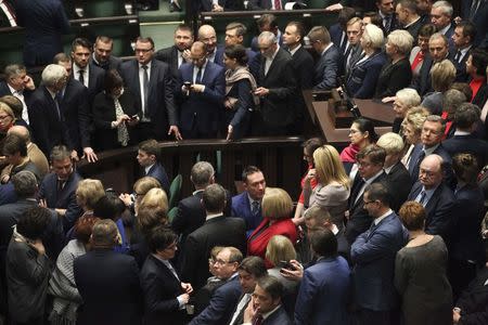 Poland's opposition lawmakers protesting at the plenary hall in parliament building. in Warsaw, Poland, January 11, 2017. REUTERS/Slawomir Kaminski/Agencja Gazeta