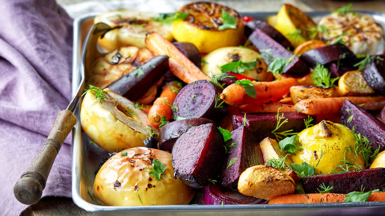 pan of colorful roasted veggies