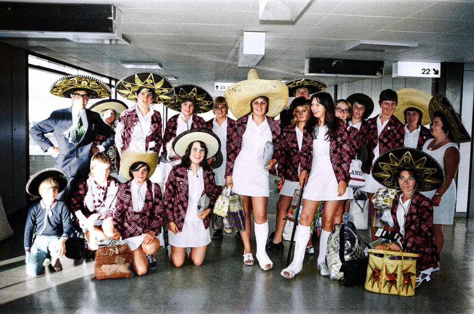 The England women's team on the way to Mexico in 1971.