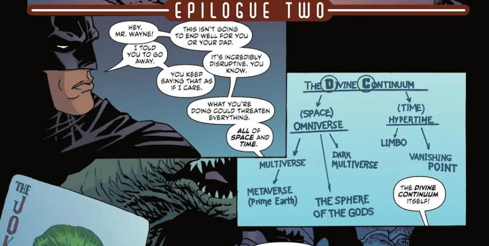 Cena de Flashpoint Beyond nº 0 com Batman mostra DC como sigla para Continuum Divino (Imagem: Reprodução/DC)