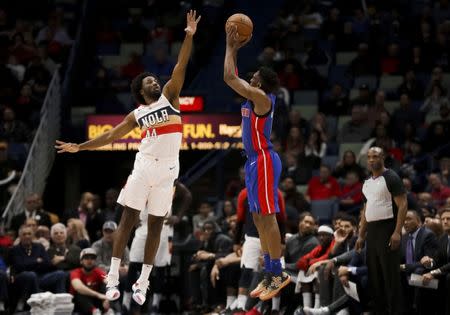 Jan 23, 2019; New Orleans, LA, USA; Detroit Pistons guard Langston Galloway (9) shoots the ball over New Orleans Pelicans forward Solomon Hill (44) during the second half at the Smoothie King Center. Mandatory Credit: Derick E. Hingle-USA TODAY Sports
