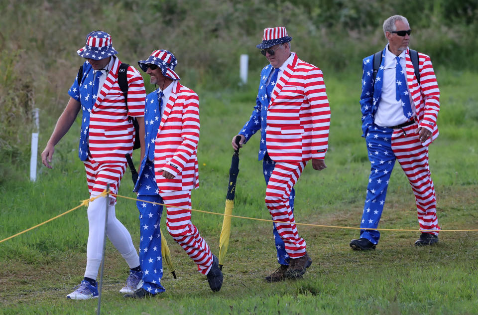 USA fans walk the course during day one of The Open at Royal Portrush Golf Club.