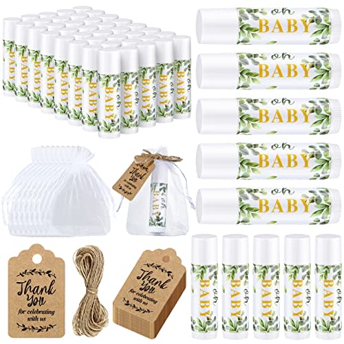 50 Pcs Baby Shower Lip Balm Gift Set Souvenirs with 100 Pcs Organza Bags Thank You Tags 20 Meters Rope Baby Shower Party Favor for Guest Kids Gender Reveal Neutral Party Supplies (Leaves)