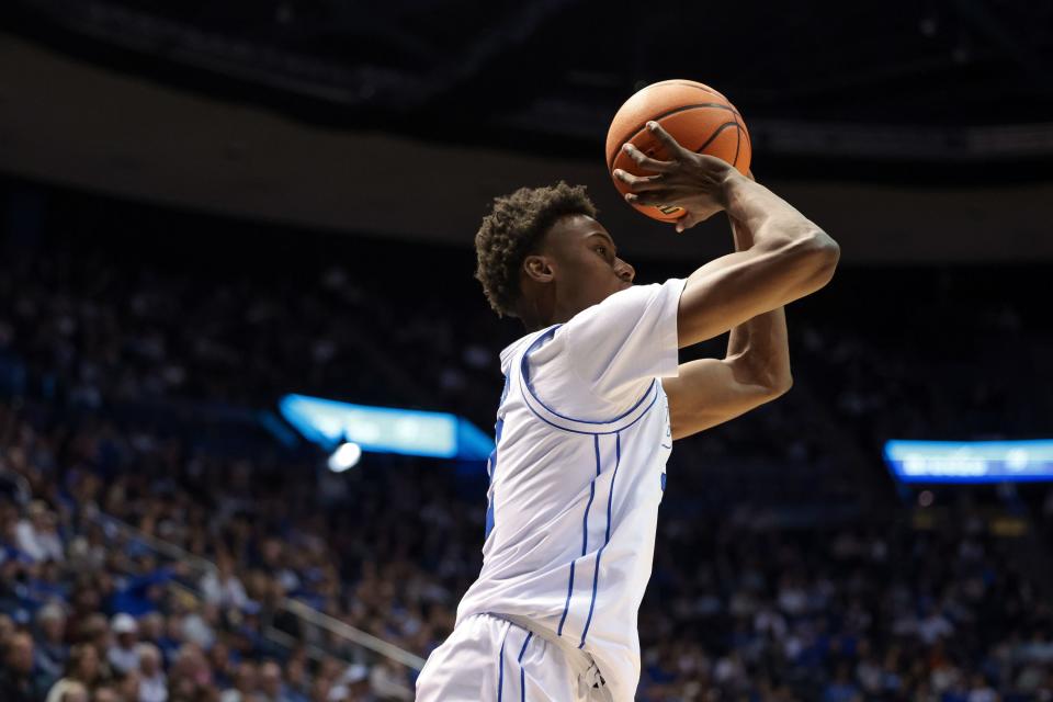 BYU guard Jaxson Robinson shoots during a game against the Evansville Aces at the Marriott Center in Provo on Tuesday, Dec. 5, 2023. The Arkansas transfer is making noise around the country as a result of his stellar play as BYU’s sixth man. | Spenser Heaps, Deseret News