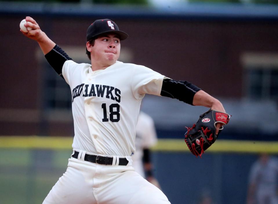 Stewarts Creek's Brett Vondohlen (18) pitches against Centennial during the 2022 Class 4A State Baseball Tournament on Tuesday, May 24, 2022. 