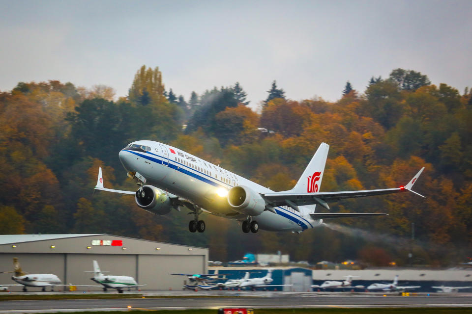 A Boeing 737 MAX 8 jet taking off.