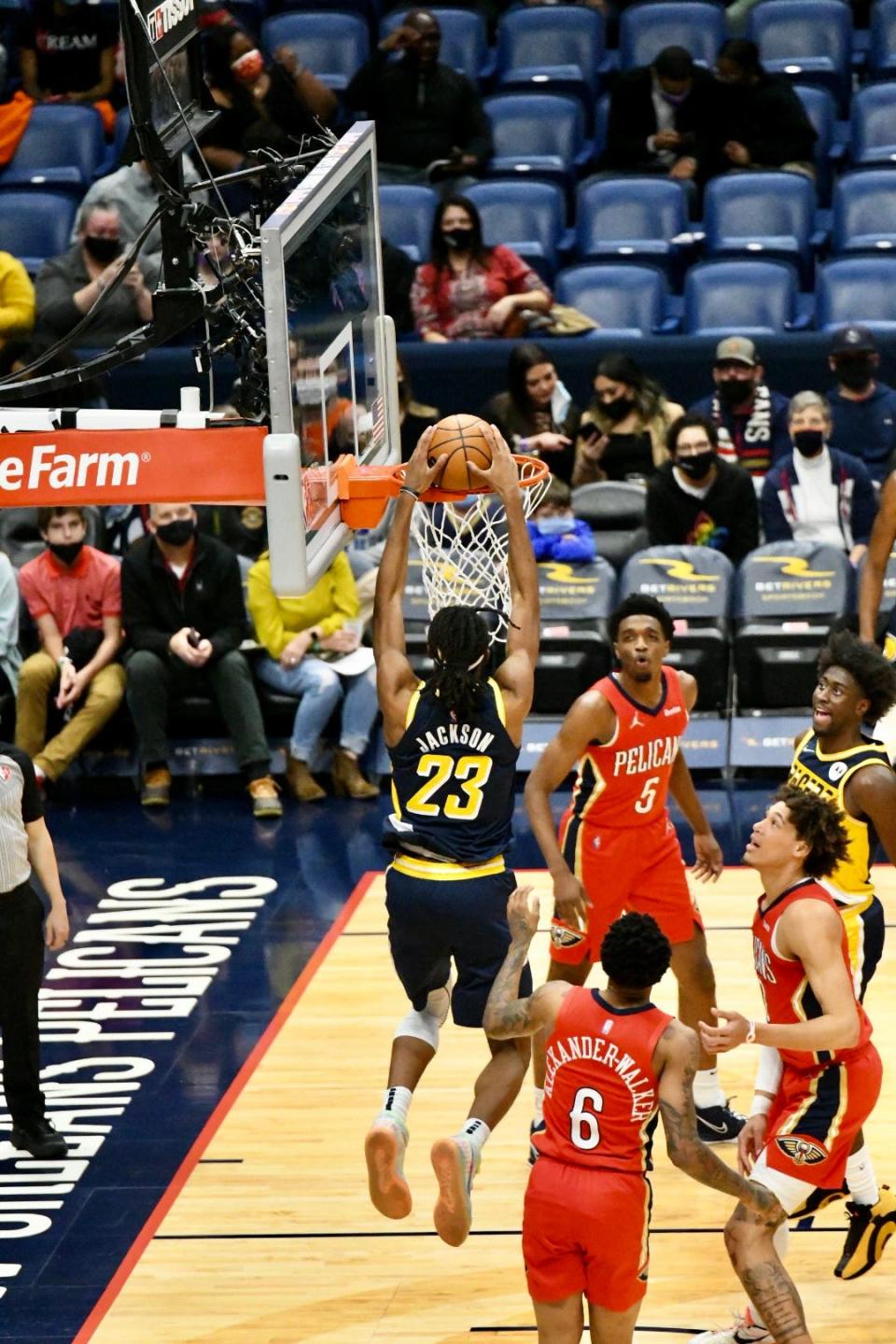 Indiana's Isaiah Jackson dunks as the Pelicans host the Pacers at Smoothie King Center in New Orleans on Jan. 24, 2022.