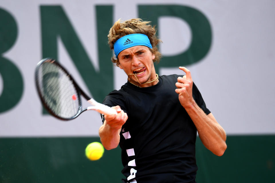 Alexander Zverev of Germany plays a forehand during his mens singles first round match against John Millman of Australia during Day three of the 2019 French Open at Roland Garros on May 28, 2019 in Paris, France. (Photo by Clive Mason/Getty Images)