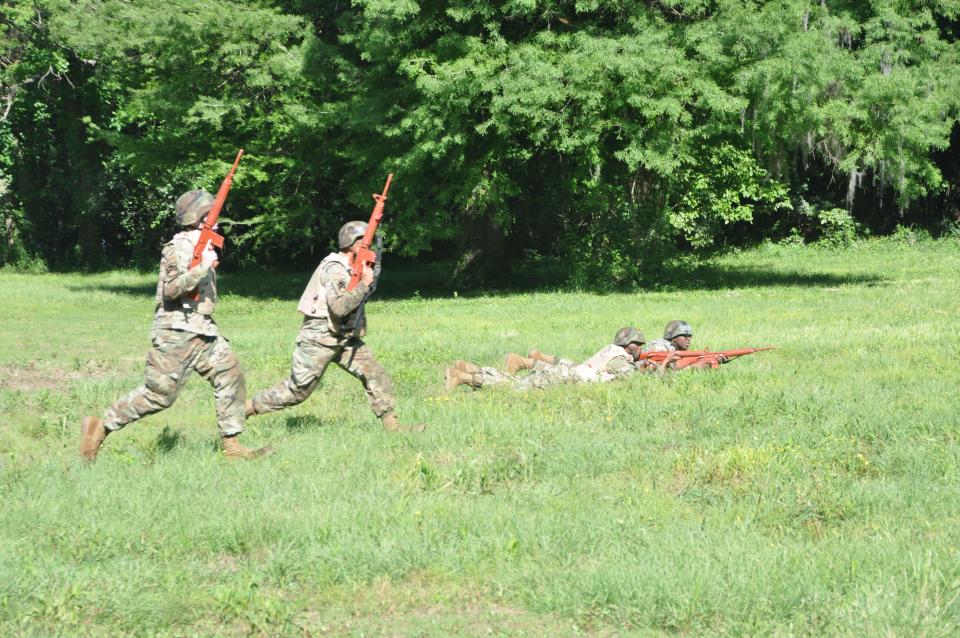 U.S. Air Force Airmen with the 908th Civil Engineer Squadron practice tactical movements during an annual training event May 5, 2023, at Maxwell Air Force Base, Alabama.