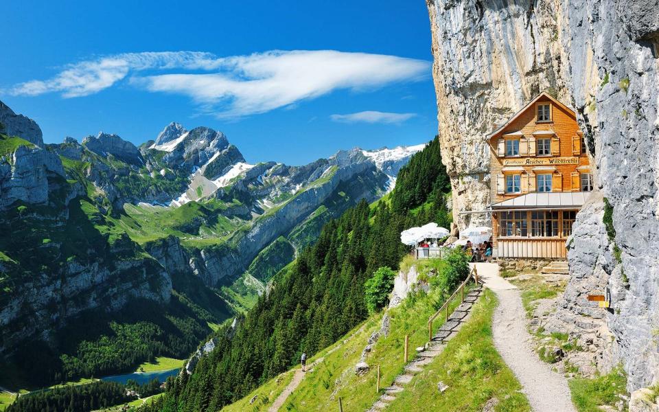 aescher guesthouse hotel restaurant swiss alps cliff adventure switzerland