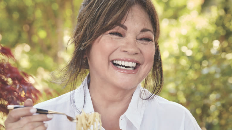 Valerie Bertinelli holding fork with pasta 