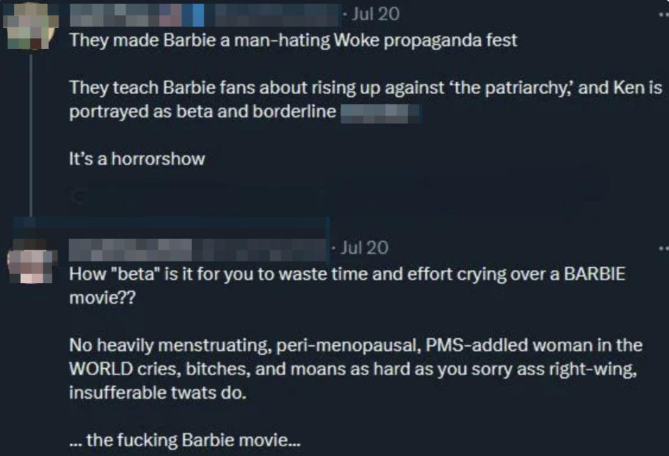 Tweets criticizing and defending a new Barbie movie, highlighting a divided reaction among fans