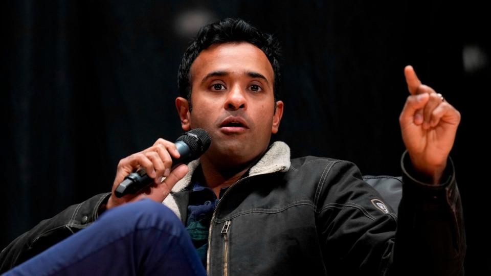 PHOTO: Republican presidential candidate businessman Vivek Ramaswamy speaks during U.S. Rep. Randy Feenstra's, R-Iowa, Faith and Family with the Feenstras event, Dec. 9, 2023, in Sioux Center, Iowa.  (Charlie Neibergall/AP)