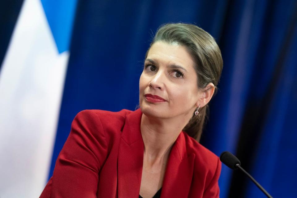 Minister of Transport and Sustainable Mobility Geneviève Guilbault made several announcements in connection about Quebec's automobile insurance board, the SAAQ, on Nov. 14, 2023. 