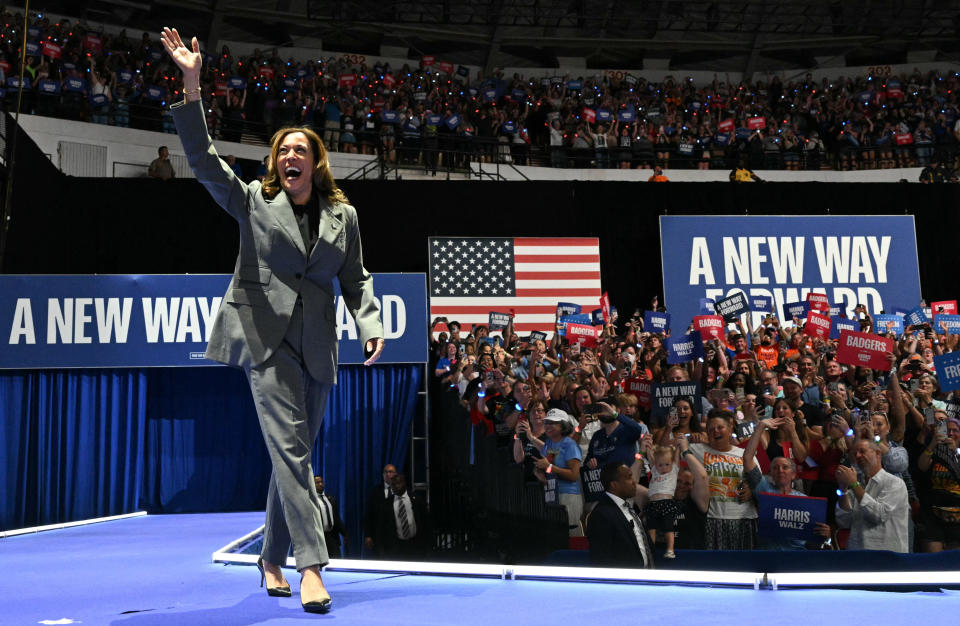 TOPSHOT - US Vice President and Democratic presidential candidate Kamala Harris waves as she arrives to speak at a campaign event at Alliant Energy Center in Madison, Wisconsin, on September 20, 2024. (Photo by Mandel NGAN / AFP) (Photo by MANDEL NGAN/AFP via Getty Images)