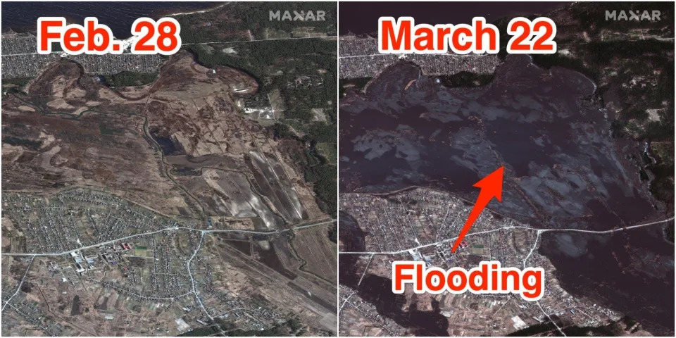 A side by side comparison of satellite images near the Irpin river basin.