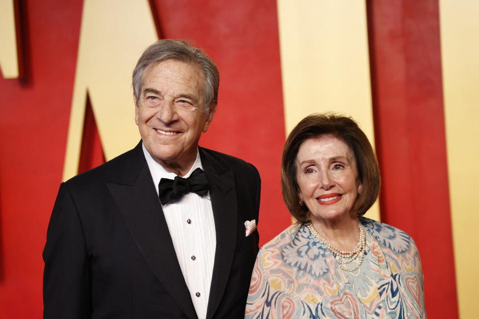 Former US Speaker of the House Nancy Pelosi and her husband Paul Pelosi attend the Vanity Fair Oscars Party at the Wallis Annenberg Center for the Performing Arts in Beverly Hills, California, on March 10, 2024. (Photo by Michael TRAN / AFP) (Photo by MICHAEL TRAN/AFP via Getty Images)