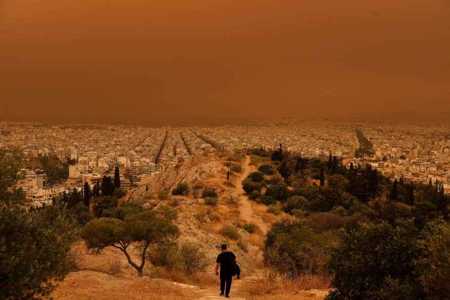 A dust cloud from the Sahara Desert in Africa covers the Acropolis on April 23, 2024 in Athens, Greece.