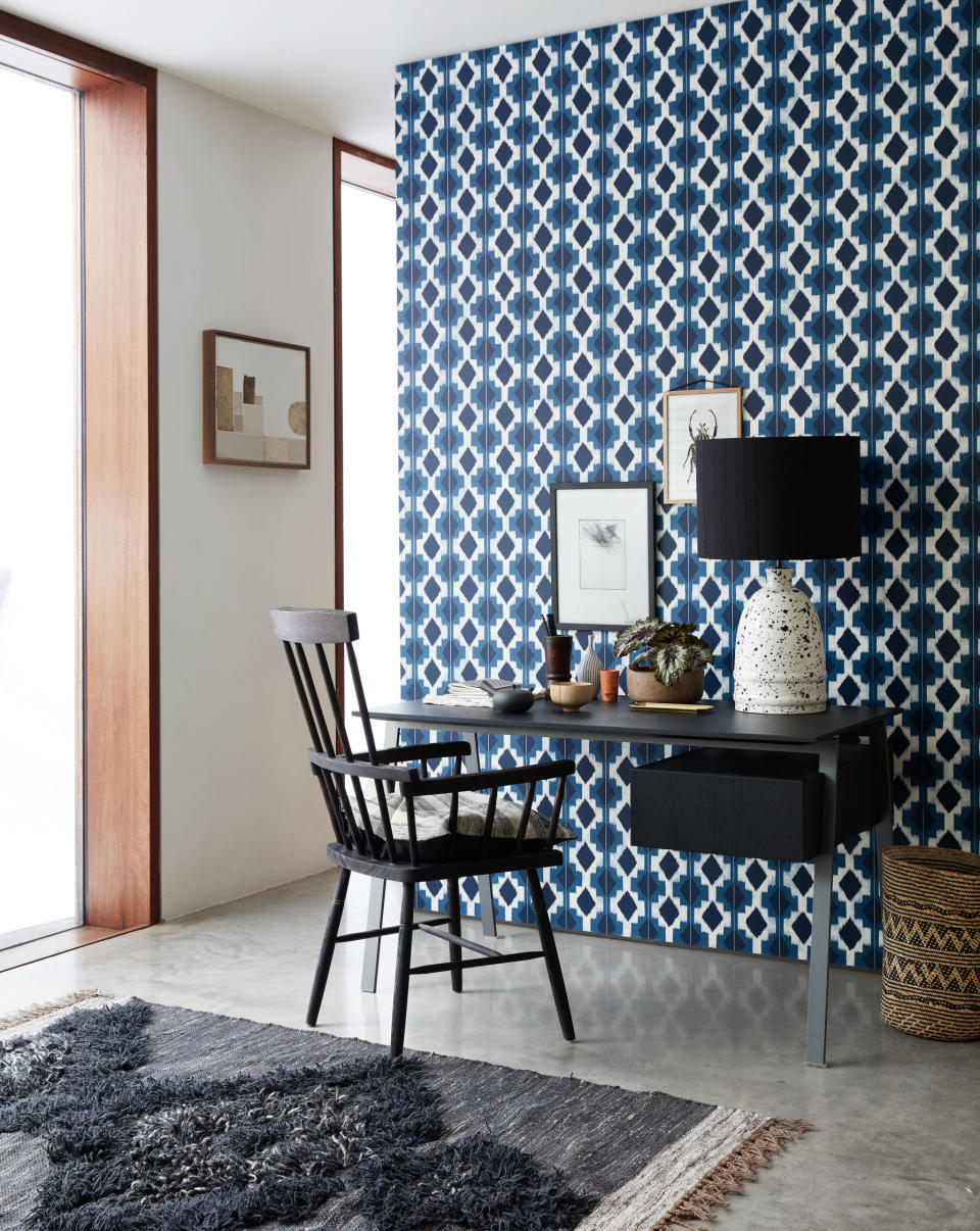 Use wallpaper to create a calm home office scheme