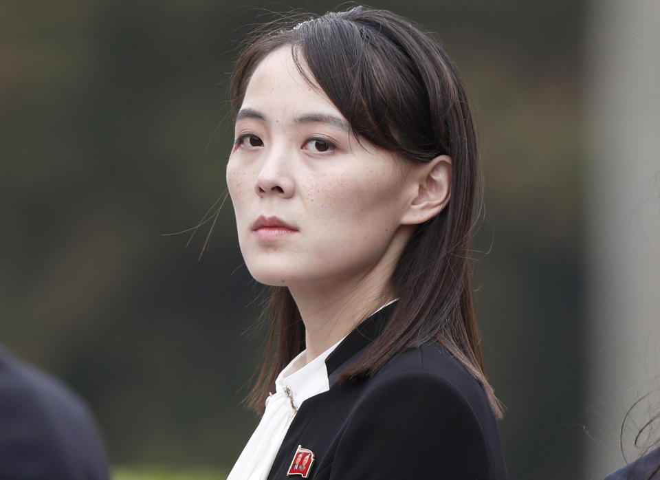 FILE - Kim Yo Jong, sister of North Korea's leader Kim Jong Un, attends a wreath-laying ceremony at Ho Chi Minh Mausoleum in Hanoi, Vietnam, March 2, 2019. A high-level North Korean economic delegation is traveling to Iran for what would be the two countries’ first talks since the start of the COVID-19 pandemic, as the heavily sanctioned nations align in face of their separate confrontations with the United States. (Jorge Silva/Pool Photo via AP, File)