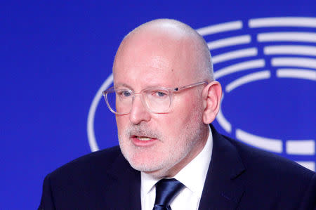 Frans Timmermans of the Party of European Socialists (PES) reacts during a press point after a debate which is broadcast live across Europe from the European Parliament in Brussels, ahead of the May 23-26 elections for EU lawmakers, in Brussels, Belgium May 15, 2019. REUTERS/Francois Walschaerts