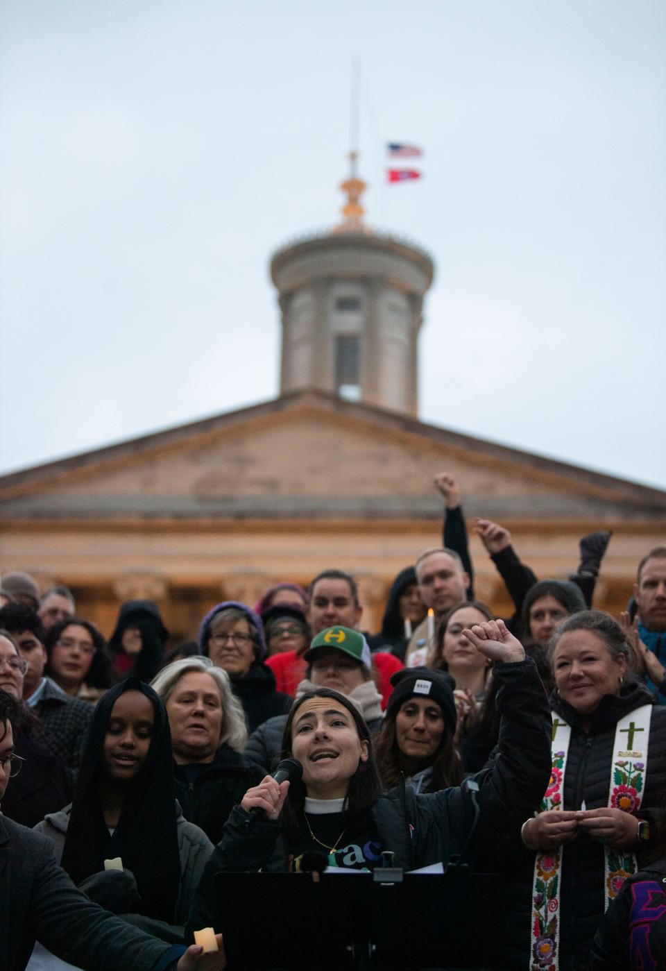 Julia Garnett speaks during a vigil following the first day of session at Tennessee State Capitol in Nashville , Tenn., Tuesday, Jan. 9, 2024.