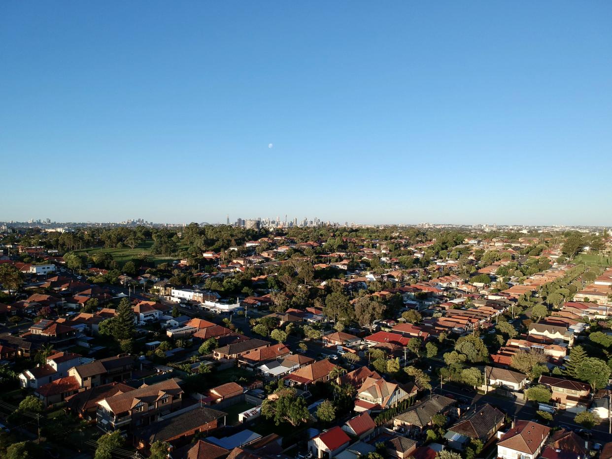 Drone panoramic aerial view of Sydney NSW Australia city Skyline and looking down on all suburbs