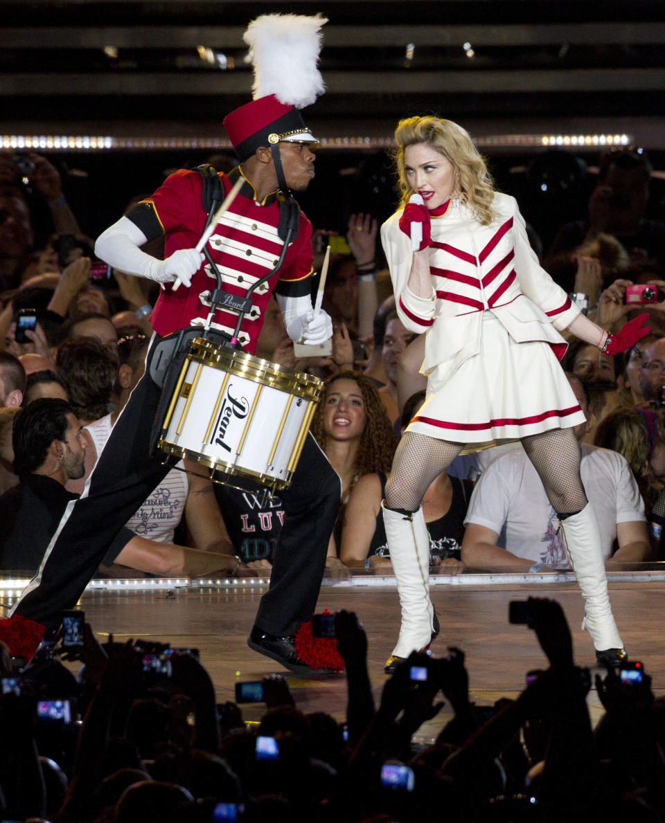 U.S pop icon Madonna performs at the Ramat Gan stadium near Tel Aviv, Israel, Thursday, May 31, 2012. Pop music star Madonna is kicking off her new world tour in front of tens of thousands of ecstatic fans in Israel. (AP Photo/Ariel Schalit)