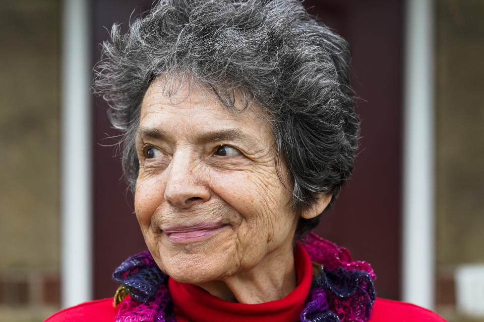 Ruth Kohake poses for a portrait outside of the Price Hill Public Library, Thursday, March 23, 2023, in Cincinnati. Kohake is among those caught up in the confusion over Ohio's strict new photo ID requirement. The retired nurse from Cincinnati gave up her driver’s license and her car in 2019. Now 82, she thought she might never have to step foot in another state license agency. (AP Photo/Jeff Dean)