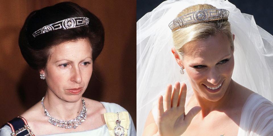 <p>This <a href="http://www.dailymail.co.uk/news/article-2020770/Zara-Phillips-wedding-Mike-Tindalls-bride-borrowed-great-grandmothers-tiara.html" rel="nofollow noopener" target="_blank" data-ylk="slk:tiara;elm:context_link;itc:0;sec:content-canvas" class="link ">tiara</a> was originally given to Queen Elizabeth II as a gift from her mother-in-law. Elizabeth then gave it to her daughter Princess Anne, who let <em>her</em> daughter Zara Phillips wear it on her wedding day.</p>