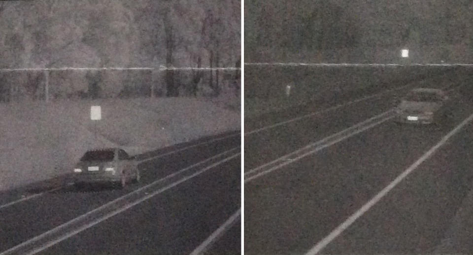 Left, the first infringement image of shows the car just before the speed sign. Right, the second shows the car just afterwards, with the motorist copping two speeding tickets at the same spot. 