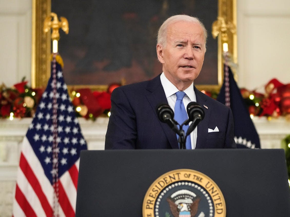 President Joe Biden speaks about the omicron variant of the coronavirus in the State Dining Room of the White House December 21, 2021 in Washington, DC.