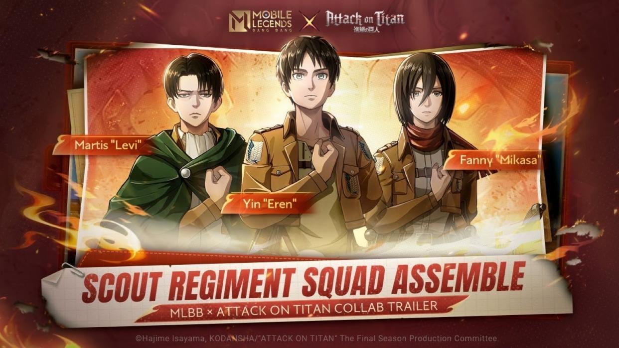 Mobile Legends: Bang Bang is hosting a new collaboration with hit anime series Attack on Titan to release hero skins of beloved Attack on Titan characters Eren Jaeger, Mikasa Ackerman, and Levi Ackerman for the heroes Yin, Fanny, and Martis. (Photo: MOONTON Games)
