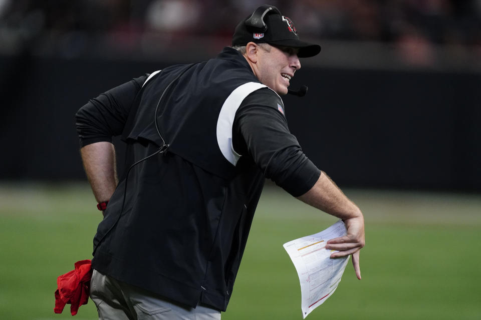 Atlanta Falcons head coach Arthur Smith reacts to play against the New Orleans Saints during the second half of an NFL football game, Sunday, Sept. 11, 2022, in Atlanta. (AP Photo/John Bazemore)