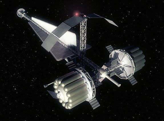 An artist's concept of a crew vehicle for NASA's Human Outer Planets Exploration (HOPE) Callisto concept mission, a five-year flight for six humans, studied in 2002. ESA researchers said such a long-duration mission could warrant the use of a h