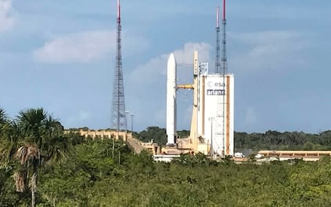 The Ariane 5 rocket carrying BepiColombo waiting on its launch pad  - Credit: John von Radowitz/PA