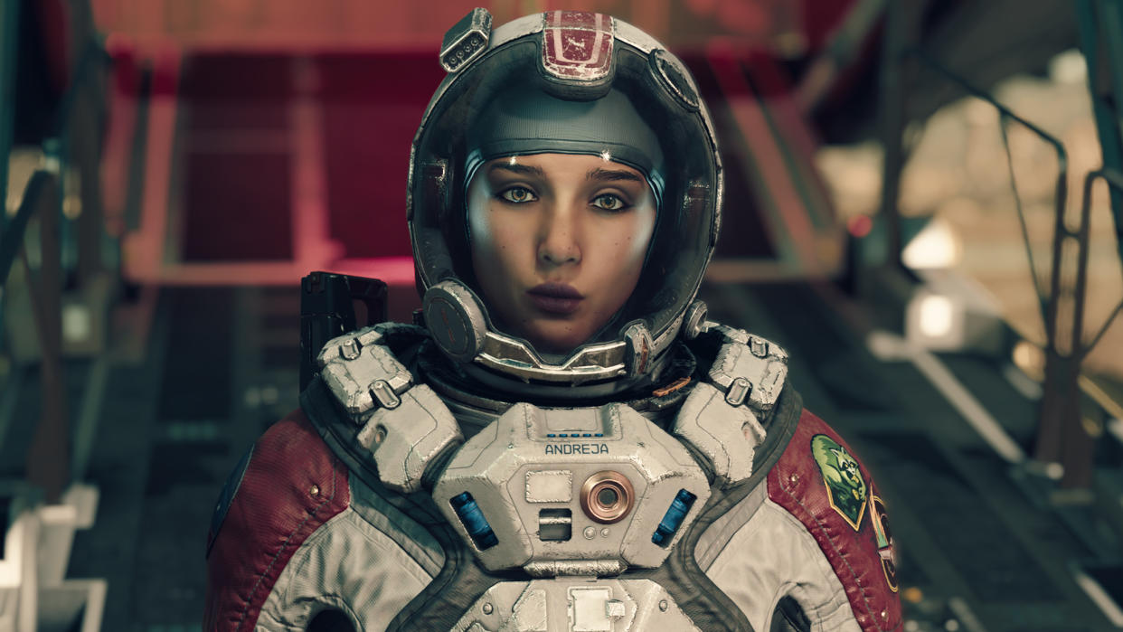  A Starfield screenshot featuring Andreja in a space suit. 