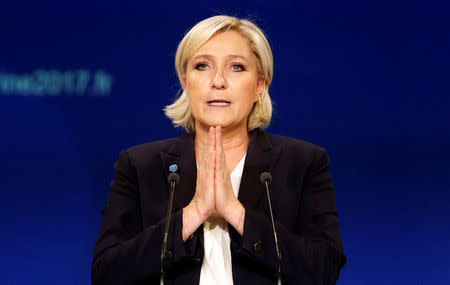 Marine Le Pen, French National Front (FN) political party leader and candidate for French 2017 presidential election, attends a political rally in Bordeaux, France, April 2, 2017. REUTERS/Regis Duvignau