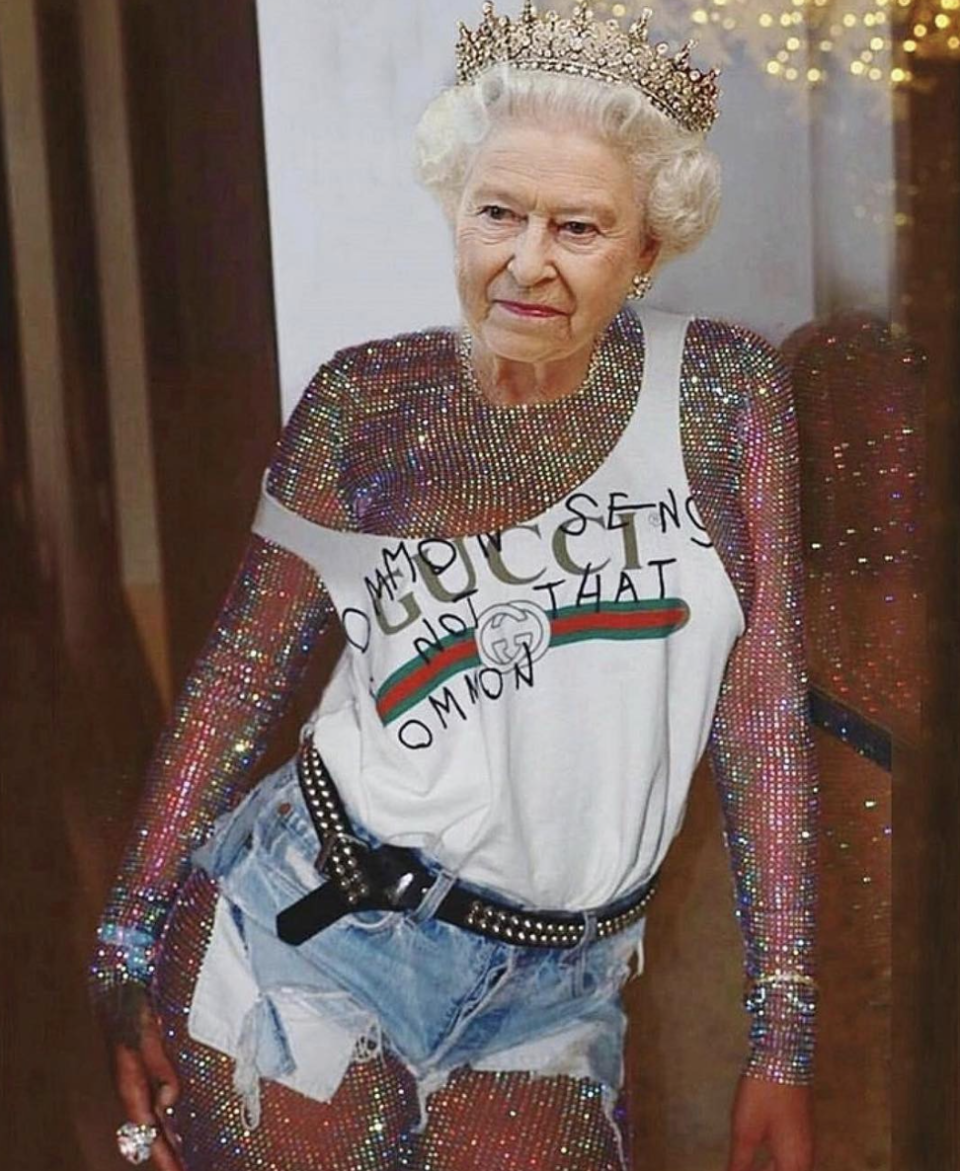 We feel the Queen would be right at home with all the bling on this Gucci get-up