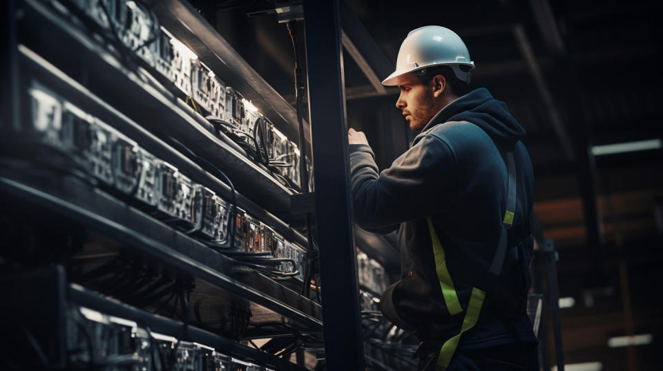 A technician on a ladder inspecting the electrical components of an industrial building.