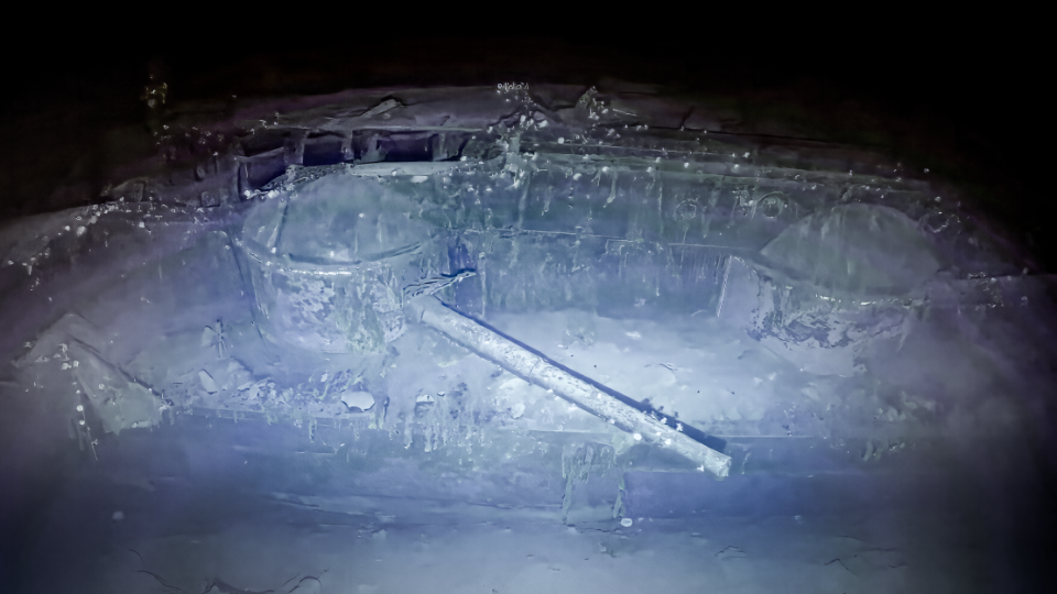 One of the large casemate guns on the lower deck of IJN Kaga. The aircraft carrier had originally been built as a battleship, leaving the vessel with multi-generational technologies. Photo recorded by Ocean Exploration Trust's ROV Atalanta on September 10, 2023. / Credit: Ocean Exploration Trust, NOAA