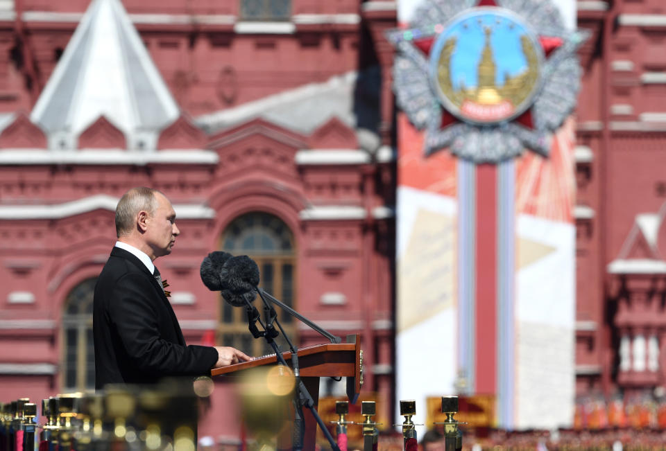 Russian President Vladimir Putin delivers his speech during the Victory Day military parade marking the 75th anniversary of the Nazi defeat in Moscow, Russia, Wednesday, June 24, 2020. The Victory Day parade normally is held on May 9, the nation's most important secular holiday, but this year it was postponed due to the coronavirus pandemic. (Sergey Pyatakov, Host Photo Agency via AP)