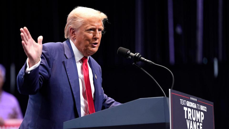 PHOTO: Republican presidential nominee former President Donald Trump speaks about the tax code and manufacturing at the Johnny Mercer Theatre Civic Center, Sept. 24, 2024, in Savannah, Ga.  (Evan Vucci/AP)