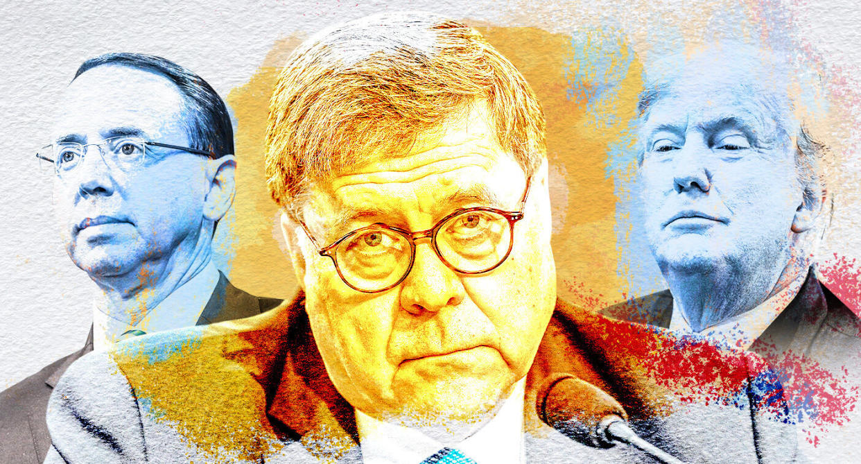 Rod Rosenstein, William Barr and President Trump. (Yahoo News photo Illustration; photos: AP, Getty Images)