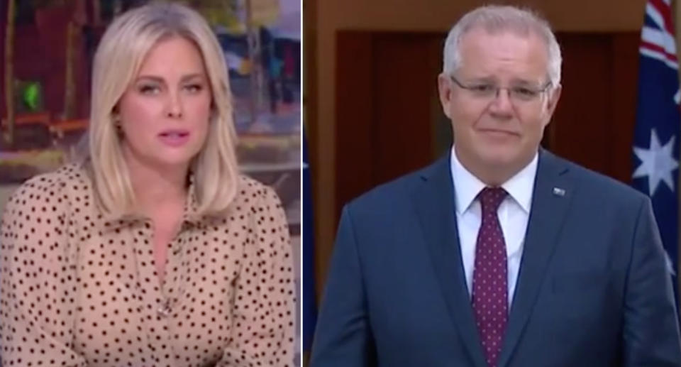 Scott Morrison (right) appears on the Sunrise breakfast program as host Samantha Armytage (left) questions him. 