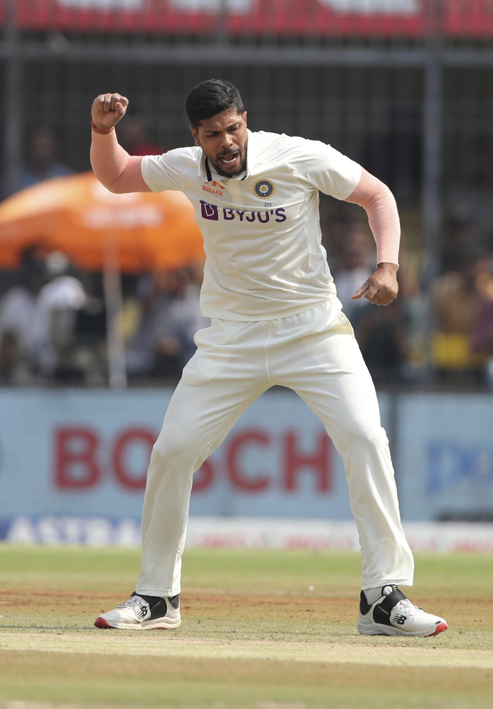 India's Umesh Yadav celebrates dismissal of Australia's Cameron Green during the second day of third cricket test match between India and Australia in Indore, India, Thursday, March 2, 2023. (AP Photo/Surjeet Yadav)